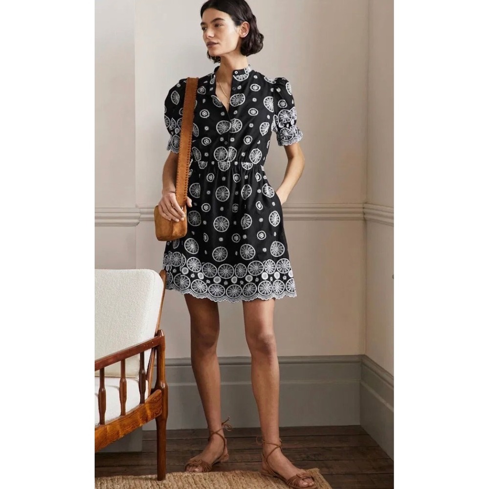 Boden Black White Eyelet Embroidered Mini Dress Puff Sleeve Cotton US 10 Regular
